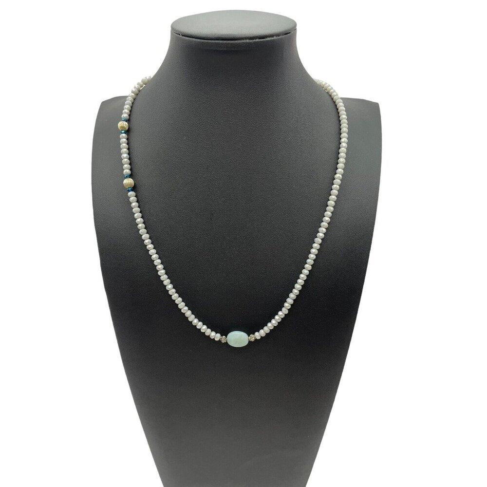 Vintage Stretch Necklace Gemstone Amazonite? Blue Green Grey AB Beads‎ Retro